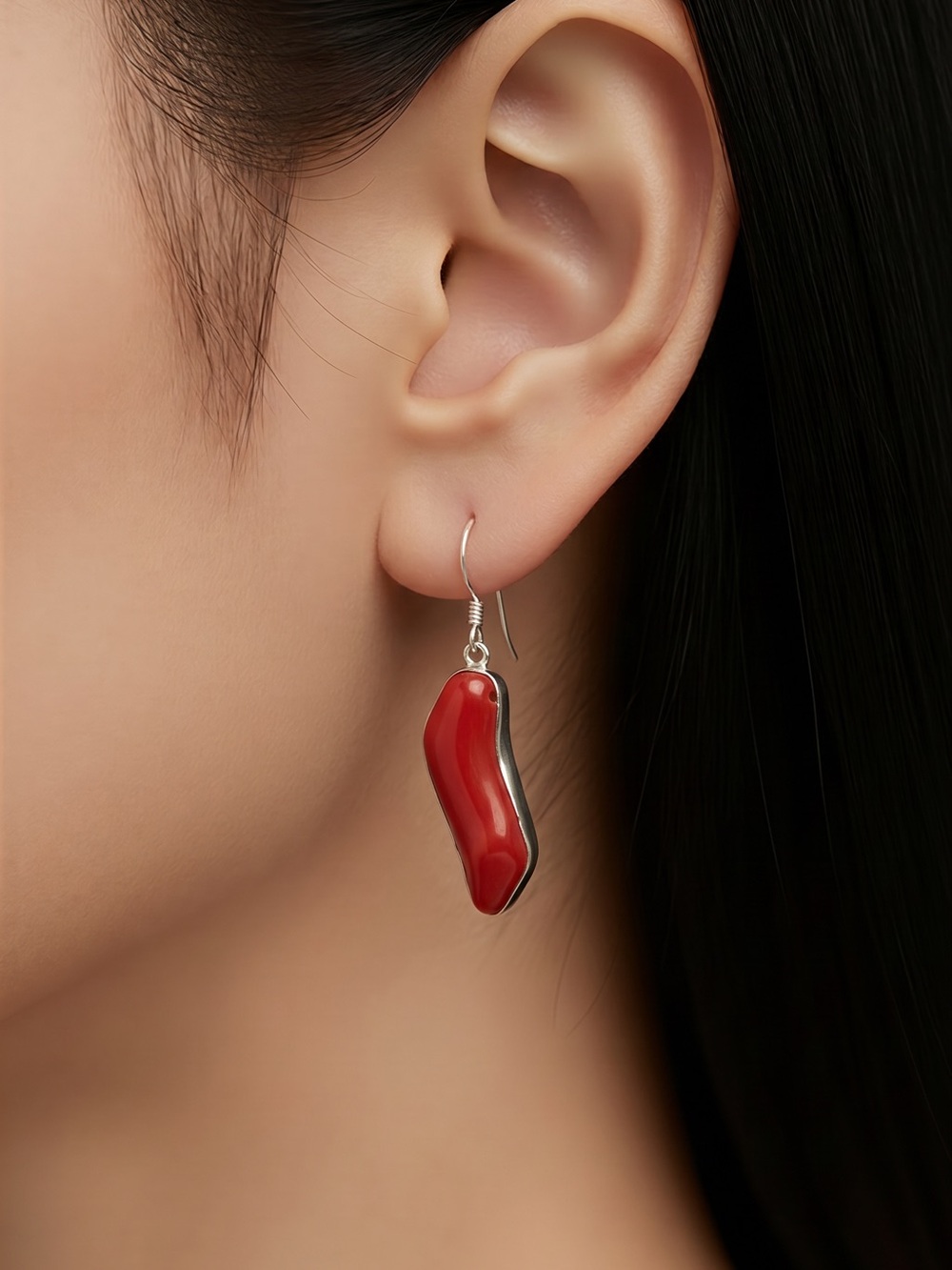 Hancrafted Red Coral Drop Earrings set in Tibetian silver stamped 925